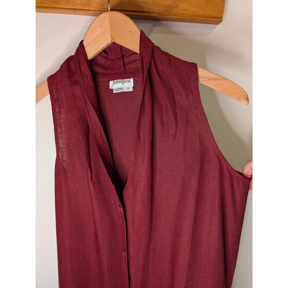 Neiman Marcus Burgundy Linen Sleeveless Maxi Dress Button Front Pockets Size 6 - Picture 2 of 10
